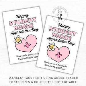 Étiquette-cadeau imprimable pour le jour d'appréciation de l'infirmière étudiante heureuse, étiquette-cadeau personnalisée coeur rose croix pour école d'infirmières 2,5 x 3,5 pouces Téléchargement instantané PDF