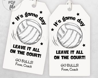 May include: Two white gift tags with black text and a black and white illustration of a volleyball. The text on the tags reads "It's game day - Leave it all on the court! Go Bulls! From, Coach".