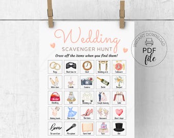 May include: A printable wedding scavenger hunt game with a pink and white design. The game includes illustrations of wedding-related items such as rings, a cake, and a wedding car. The words "Wedding Scavenger Hunt" are at the top.