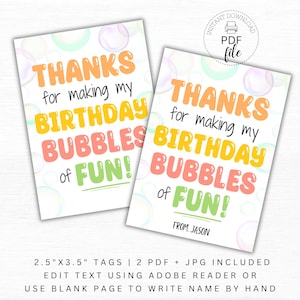 Étiquette de cadeau de fête d'anniversaire bulle imprimable, personnalisée Merci d'avoir fait mon anniversaire Étiquettes cadeaux baguette magique Bubbles of Fun 2,5 x 3,5 cm PDF + JPG