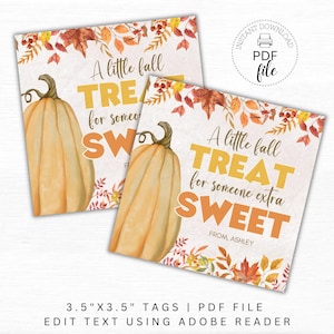 Fall Appreciation Treat Tags | Printable A Little Fall Treat For Someone Extra Sweet Gift Tag | Editable Pumpkin Tags | Instant Download PDF