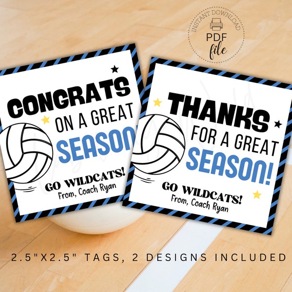 Volleyball End of Season Printable Tags | Personalized Congrats/Thanks for a Great Season Tags | Team Treat/Gift Tags | Instant Download PDF
