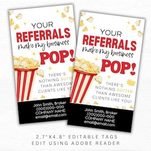 Popcorn Pop by Etikett | Deine Empfehlungen machen mein Geschäft Pop! Makler Anhänger | Printable Immo Pop By | Marketing Personalisierte Dankeschön-Tag