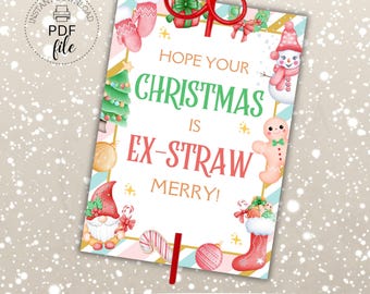 Printable Christmas Crazy Straw Holder Tags, Ex-Straw Merry Favor Tags (PDF + JPG Download)