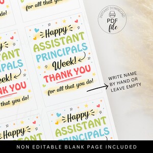Op de afbeelding: Printbare bedankkaartjes voor assistent-directeuren. De kaartjes zijn kleurrijk en bevatten de tekst "Happy Assistant Principals Week! Thank You for all that you do!" De kaartjes zijn ontworpen om te worden afgedrukt en uitgeknipt. Een blanco pagina is inbegrepen om namen op te schrijven.
