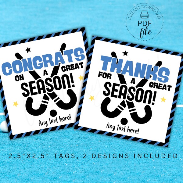 Field Hockey End of Season Printable Tags | Personalized Congrats/Thanks for a Great Season Tag | Team Treat/Gift Tag | Instant Download PDF