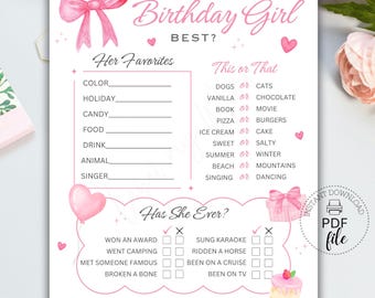 Who Knows The Birthday Girl Best Party Game, Pink Bow Coquette Printable Template