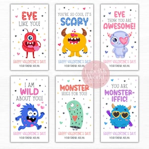Könnte beinhalten: Sechs Valentinstagskarten mit Monster-Illustrationen. Jede Karte zeigt ein anderes Monster-Design und einen spielerischen Spruch wie "Eye Like You!" und "Monster Hugs for You!" Die Karten sind mit Herzen und Sternen verziert.