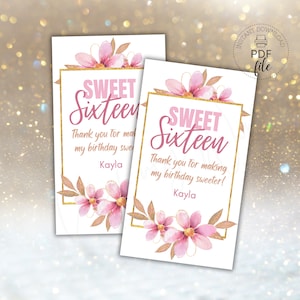obrigado do doce dezesseis você Tag do presente de | Etiqueta editável/personalizada do favor de partido | Download instantâneo de PDF | Sacola de doces/guloseimas 16º aniversário