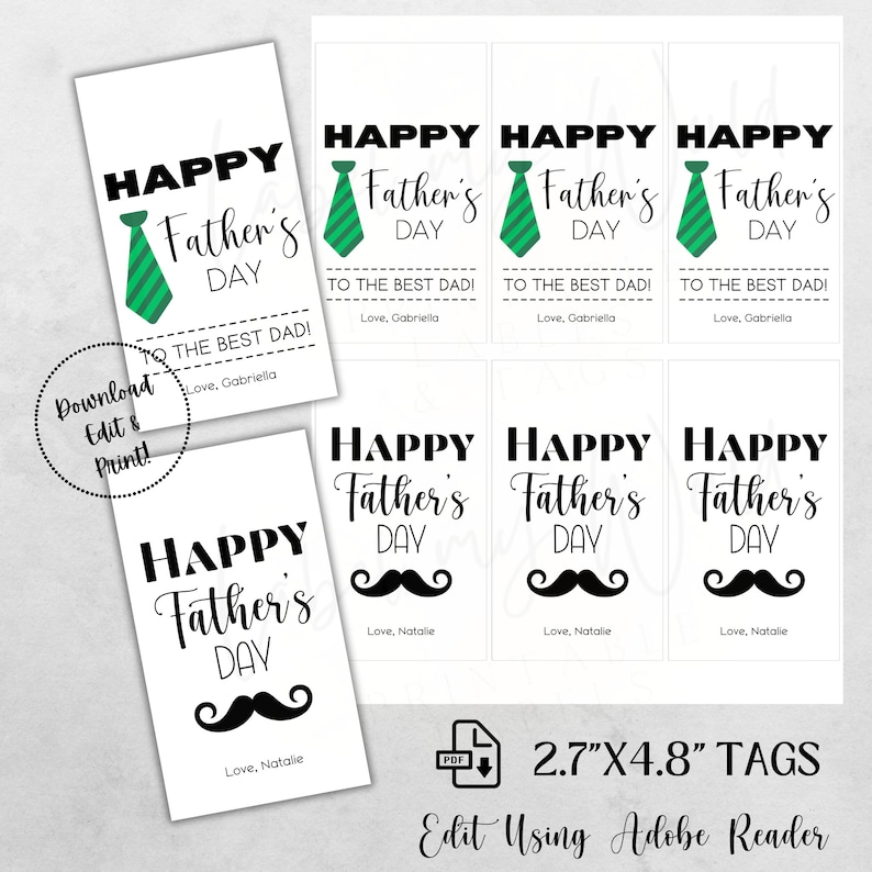 Printable Happy Father's Day Gift Tags, Personalized Mustache/tie ...