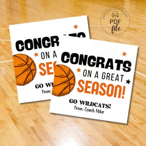 Congrats on a Great Season Basketball Team Tags | Printable/Customized End of Season Basketball Tags | Basketball Thank You Team Treats PDF