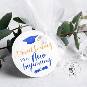 Étiquette/étiquette ronde Une fin en douceur pour un nouveau départ, autocollants bleu royal et or imprimables pour cadeaux de remise des diplômes, Avery 2 po. 2,5 po. 3 po. PDF + JPG