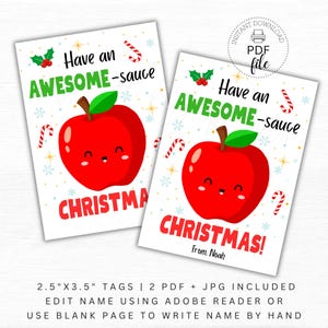 Etiqueta de guloseimas de Natal com compota de maçã para impressão, bolsa de apertar para escola/professor/sala de aula, etiqueta de presente de 2,5 x 3,5, tenha um molho incrível de Natal PDF + JPG