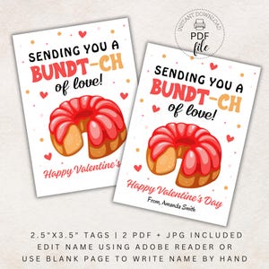 Printable Valentines Bundt Cake Gift Tag, Personalized Sending You a Bundt-ch of Love Tags, Valentine&#39;s Day Appreciation Treat Tag PDF + JPG
