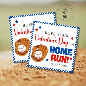 Tarjetas de béisbol para San Valentín para imprimir, etiquetas de regalo personalizadas para el día de San Valentín para niños grandes, etiqueta de regalo con el lema "Espero que tu día de San Valentín sea un jonrón" en formato PDF