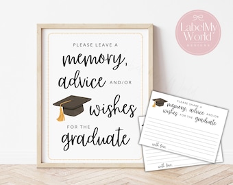 Puede incluir: Un letrero enmarcado con el texto "PLEASE LEAVE A memory, advice AND/OR wishes FOR THE graduate" y una ilustración de birrete. Incluye tarjetas de consejo a juego con líneas.