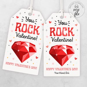 Druckbare Valentinstag Candy Ring Geschenkanhänger, personalisiert You Rock Valentine 2 "x 3,5" Leckerli Tags, Pop Rocks Tag, sofortiger Download PDF + JPG