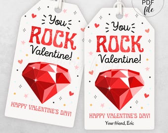 May include: Two printable Valentine's Day gift tags featuring a red gemstone with the text "You Rock Valentine!" and "Happy Valentine's Day!" One tag includes the text "Your friend, Eric".