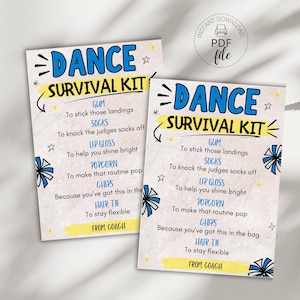 Printable Dance Survival Kit Tag, Editable Dance Team 3.5&quot;x5&quot; Blue & Silver Gift Tags, Dance Competition Tag, Instant Download PDF