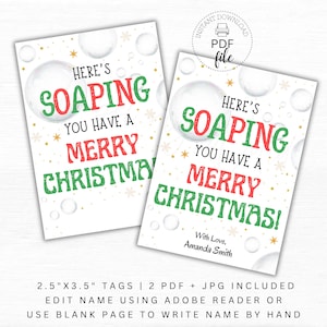 Wasserfester Geschenkanhänger zum Selbstausdrucken, 2.5 &quot;x 3.5 &quot;&quot;Here&#39;s Soaping You Have a Merry Christmas Favor&quot;&quot; PDF + JPG