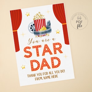 Afdrukbaar cadeaulabel You're a Star Dad, gepersonaliseerd Happy Father's Day-bedankkaartje, label popcorntraktatie bioscoopkaartje, instant download pdf