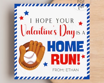 Biglietti di San Valentino stampabili a tema baseball, etichette regalo personalizzate per San Valentino per bambini più grandi, etichetta regalo "Spero che il tuo San Valentino sia un fuoricampo" in formato PDF