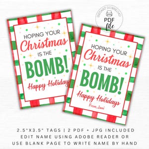 Afdrukbaar kerstcadeaukaartje warme cacao of badbom, gepersonaliseerd in de hoop dat je kerst de bom is, cadeaukaartje winterwaardering, pdf + JPG
