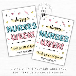 Happy Nurses Week Printable Gift Tag, Nurse Appreciation Day Personalized Favor Tags 2.5x3.5, Thank You For All You Do Treat Tags, PDF File