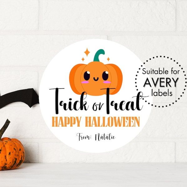 Trick or Treat Happy Halloween Personalized Pumpkin Stickers | Editable Round Labels/Tags | Printable Custom Name Halloween Labels For Kids