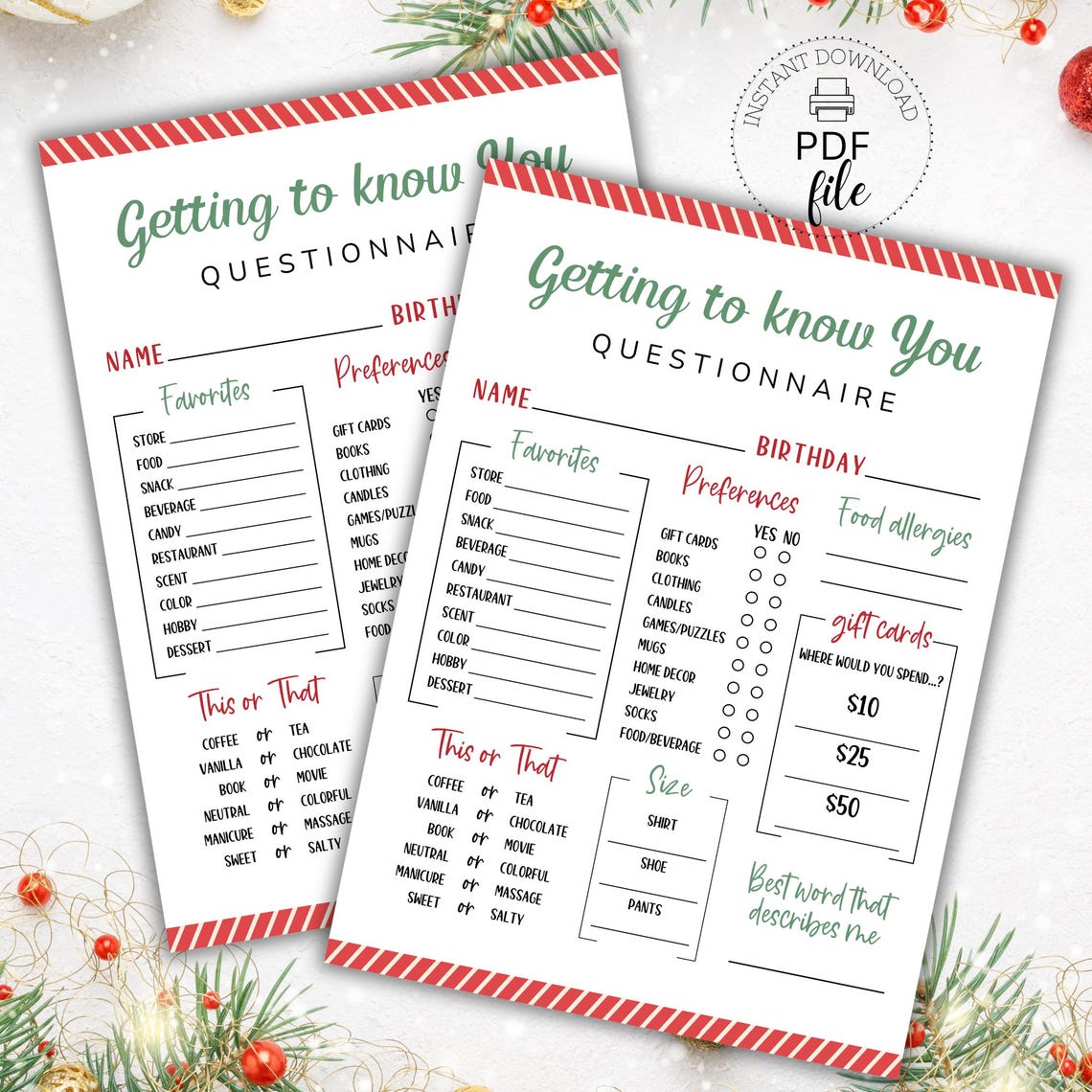 Employee Gift Questionnaire.pdf Printable Christmas Questionnaire, Coworker Gift Exchange Form, Getting ...
