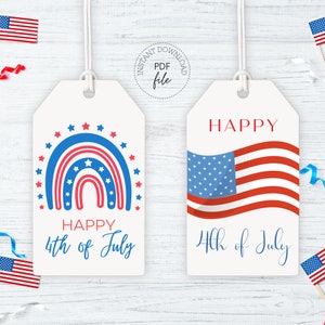 2 Printable 4th of July Patriotic Gift Tags | Rainbow, Stars & Stripes Independence Day Treat Bags/Cookie Tags | Instant Download PDF Files