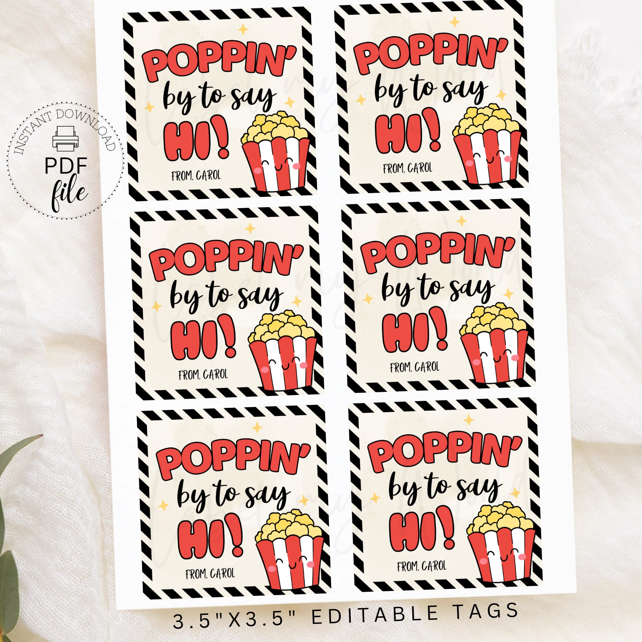 Printable Popping by to Say Hi Tag, Personalized Popcorn Gift Tag ...