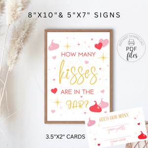 imprimable Devinez combien de bisous il y a dans le pot | Panneaux de jeu pour la Saint-Valentin 20 x 25 cm et 15 cm x 7 cm + cartes 3,5 x 2 po. | Téléchargement instantané de fichiers PDF