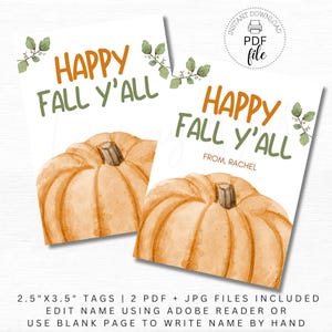 Etiquetas de regalo imprimibles con la frase "Happy Fall Y'all", etiquetas personalizadas con forma de calabaza para regalar en otoño, etiquetas de agradecimiento para profesores, descarga instantánea en formato PDF + JPG