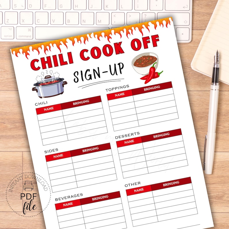 Chili Cook-off Sign up Sheet, Printable Chili Competition Fillable Sign ...