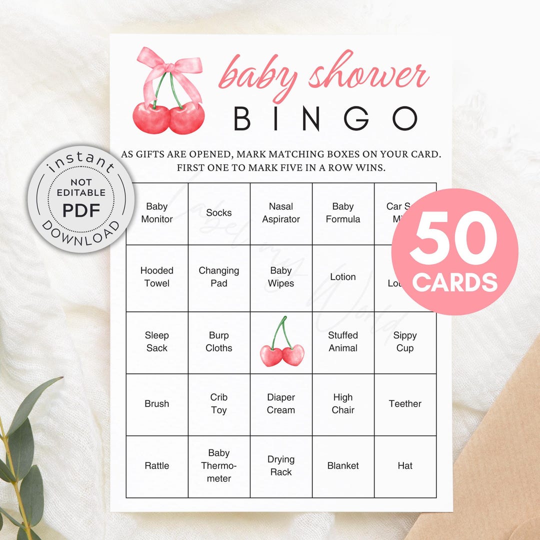 Pink Bow Cherry Baby Shower Bingo, Coquette Baby Girl Bingo Game Cards ...
