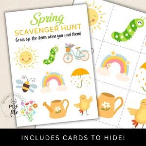 Puede incluir: Un juego de búsqueda del tesoro de primavera imprimible con una lista de verificación de elementos para encontrar, que incluyen un sol, una oruga, un arcoíris, una abeja, una regadera, un pollito y una bicicleta. El juego incluye tarjetas para esconder.