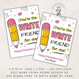 Druckbare Bleistifthalter, Sie sind der Schreibfreund für mich Glücklicher Valentinstag personalisierte Geschenkanhänger 2,5 "x 3,5" Sofort Download PDF + JPG