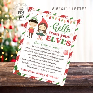 Carta imprimible de Hola de tus elfos 8.5"x11" / Señal de llegada de elfos para niños y niñas de Navidad / Carta personalizada de llegada por primera vez de elfos PDF
