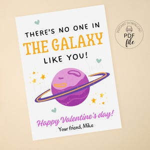 May include: A printable Valentine's Day card with a purple planet and a ring around it. The card says "There's no one in the galaxy like you!" and "Happy Valentine's Day! Your friend, Mike."