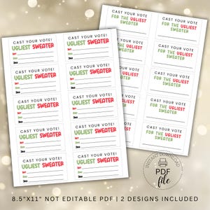 Cédula de votação para concurso de suéter feio de Natal para impressão, cartões de votação para concurso de fantasias de festa de Natal 3,5 x 2 polegadas, download instantâneo PDF não editável