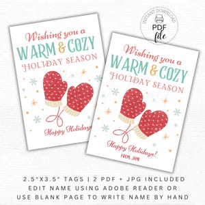Etiquetas para guantes de invierno para imprimir, etiquetas de regalo personalizadas que le desean unas cálidas y acogedoras vacaciones, etiquetas de agradecimiento navideñas en formato PDF + JPG