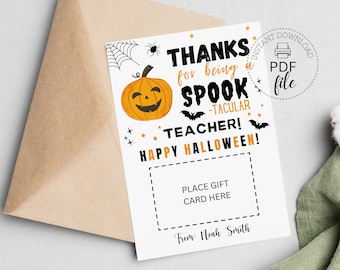 Glückliches Halloween-Lehrer-Geschenk-Kartenhalter-Vorlage | Printable Danke Spook-tacular Lehrer Geschenkkartenhalter | Personalisierter Geschenkkartenanhänger
