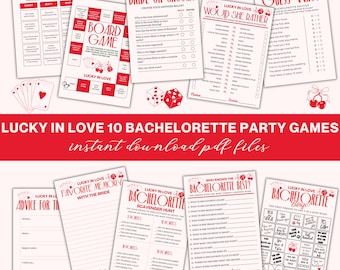 Puede incluir: Un conjunto de diez juegos para despedida de soltera con un tema rojo y blanco. Los juegos incluyen "Drink or Dare", "Bride or Groom?" y "Guess Who?". También se ve el texto "Lucky in Love" y "Instant download PDF files".