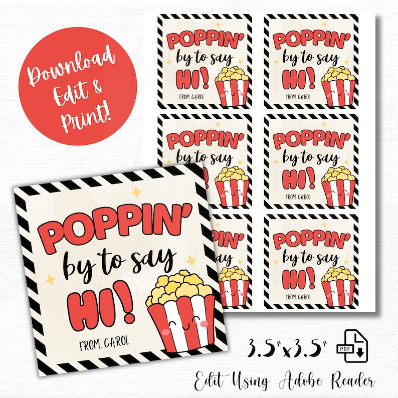 Printable Popping by to Say Hi Tag, Personalized Popcorn Gift Tag ...