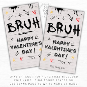 Druckbare Bruh Valentine Geschenkanhänger, Tween Teen Sekundarschule Glücklicher Valentinstag personalisierte 2x3.5 Leckerli Tags, Sofortiger Download PDF + JPG