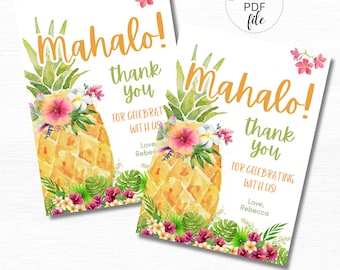 Printable Mahalo Hawaiian Luau Birthday Favor Tag, Personalized Aloha Pineapple Thank You 2.5x3.5 Gift Tag, Instant Download PDF