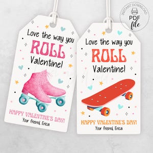 Afdrukbare cadeaukaartjes Valentijn rolschaatsen en skateboard, gepersonaliseerd Love the Way you Roll 2 x 3,5 inch bedankkaartjes, directe download pdf + JPG