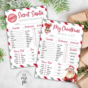 Questionario stampabile per lo scambio di regali di Natale, la mia lista dei desideri di Natale e il questionario di Babbo Natale segreto, biglietti da 5"x7", download immediato PDF + JPG