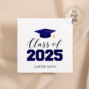 May include: A white card with a blue graduation cap, the text "Class of 2025" in navy blue, and the name "Carter Smith" in black.